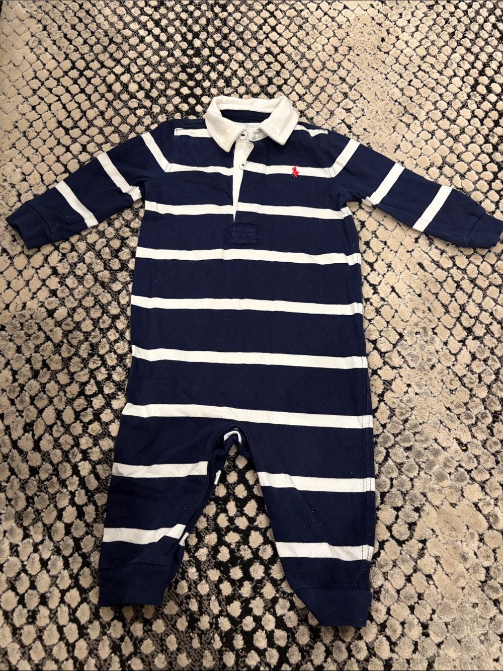 9M Polo by Ralph Lauren Navy & White Striped Cotton Snap Onesie